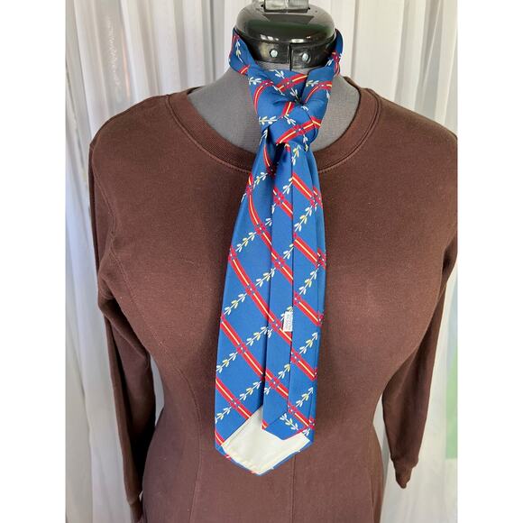 tie lattice striped floral 1970s blue red 100% polyester - Picture 5 of 8